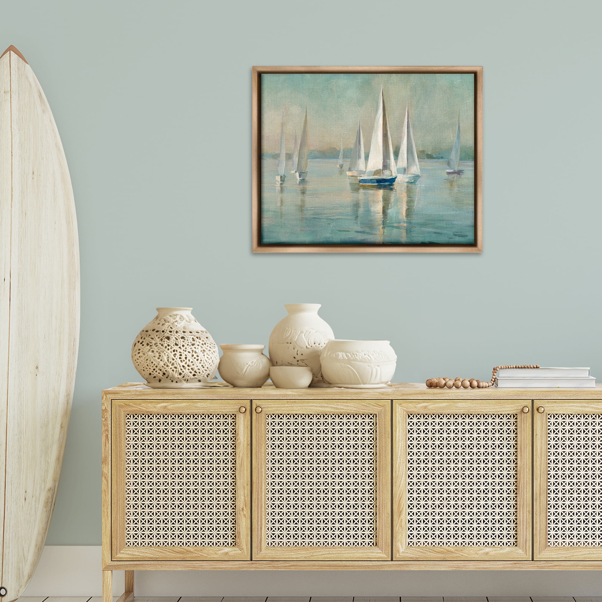 Stupell Industries Sailboats at Sunrise Nautical & Beach Painting Brown Floater Framed Canvas Art Print Wall Art, 31 x 25