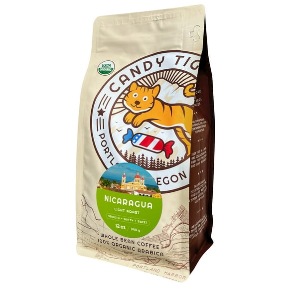 Candy Tiger USDA Organic Light Roast Whole Bean Nicaragua Coffee. Naturally Caffeinated, 12 oz