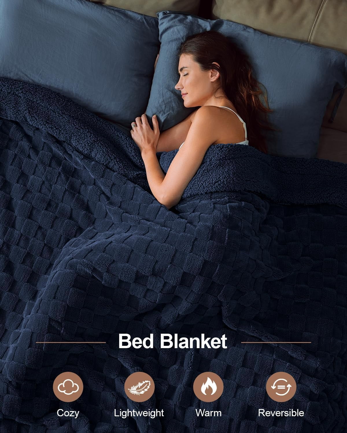 Anjee 90"x90" Queen Size Super Soft Cozy Fluffy Sherpa Fleece Reversible Thick Warm 3D Checkered Jacquard Blanket for All-Season Couch Bed, Navy Blue