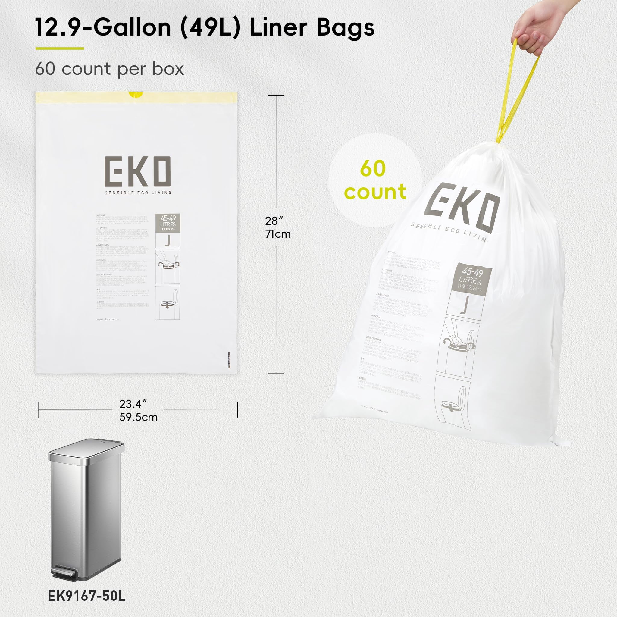 Eko 12.9 Gallon / 45-49 Liter  60 Count Drawstring Trash Bags Extra-strong Unscented Garbage Easy-dispense Roll For Kitchen & Household Use Resists Tears Leaks And Punctures Code J White