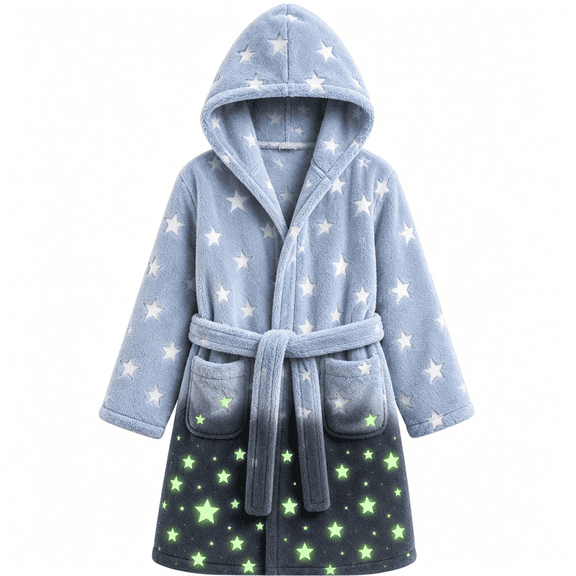 Lalune Duciel Glow in the Dark Unicorn Bathrobe for Girls, Soft Hooded Coral Fleece Robe with Belt & Pockets, Ages 3-12