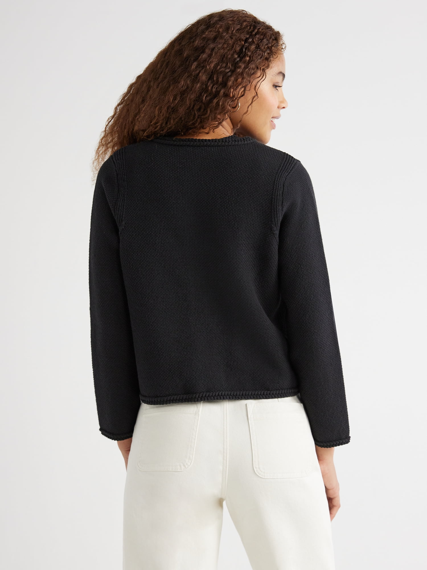 Free Assembly Women's Crochet Trim Cardigan Sweater with Long Sleeves, Midweight, Sizes XS-XXL