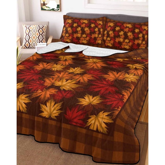 Fall Maple Leaves Queen Size Down Alternative Comforter, Lightweight Comforter Quilt Bedding Set with Pillow Shams Brown Leaf Farmhouse Retro Plaid All Seasons Bed Comforter Duvet Insert 90"x96"