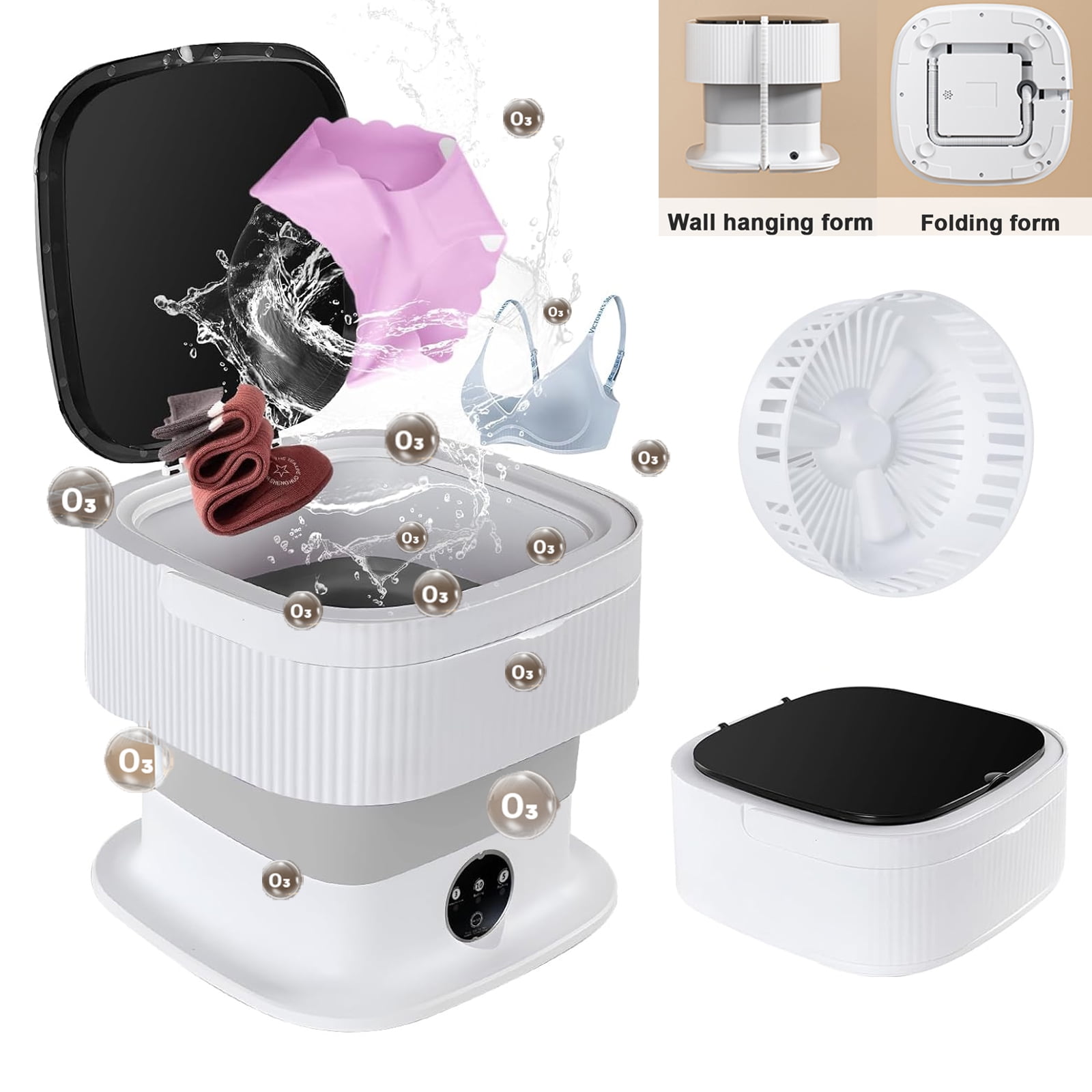 HQinX Portable Washing Machine,10L Large Capacity Foldable Washer, With Drain Basket,3 Modes Deep Cleaning,for Underwear,Underpants,Socks,for Home Apartments Dormitories, Hotels,White
