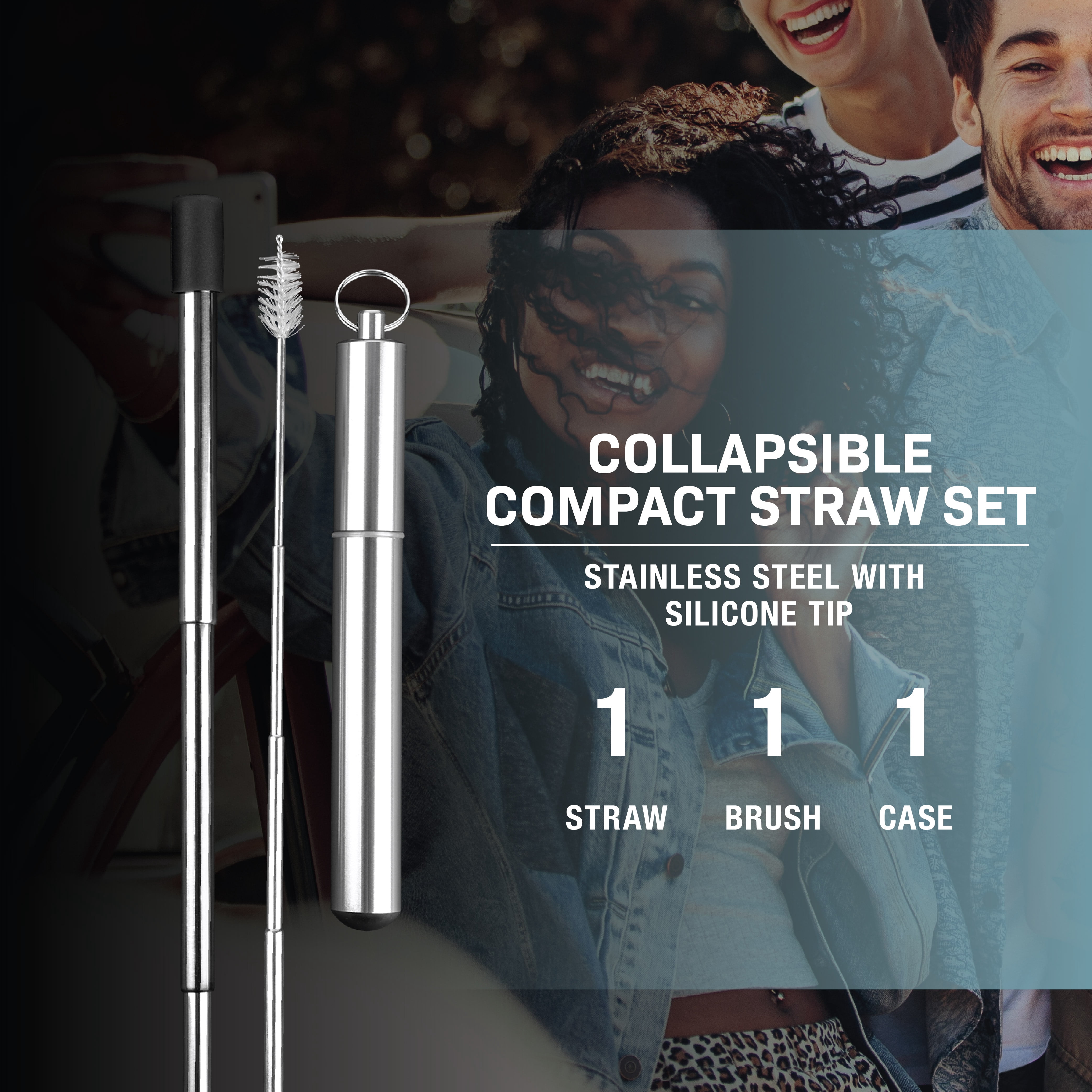 TAL Stainless Steel Collapsible Compact Straw, 3 Piece Set