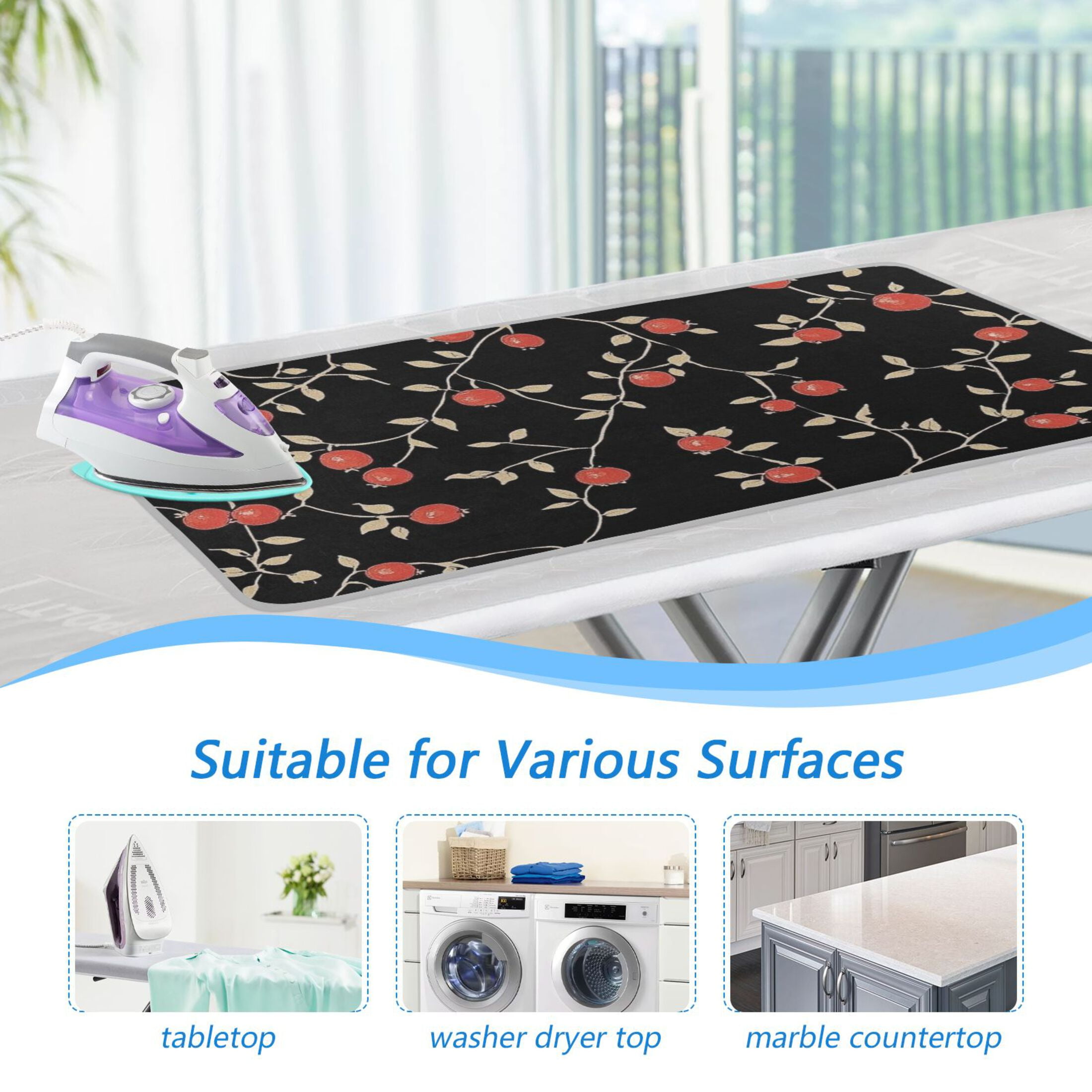 Red Berries on Black Ironing Mat Blanket for Table Top Travel Portable Ironing Board Pad 47.2x27.6 Inch