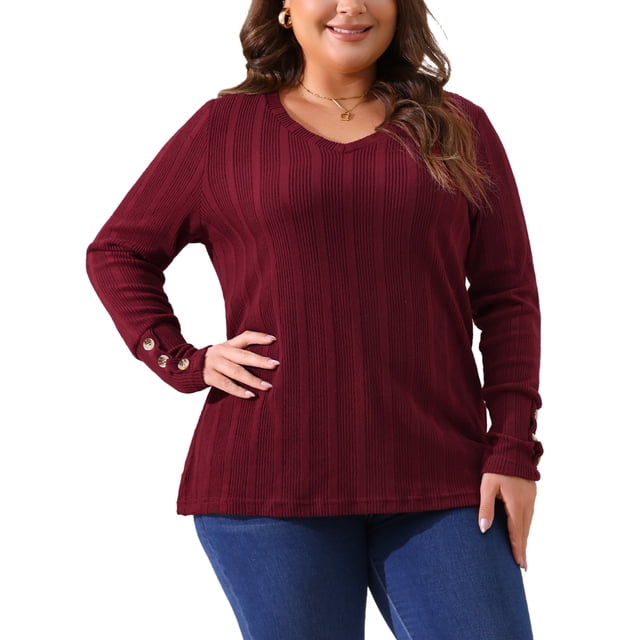 Blusas de suéter de punto de talla grande para mujeres, de manga larga, cuello en V, con botones, suéter casual de pulóver 3X Burdeos