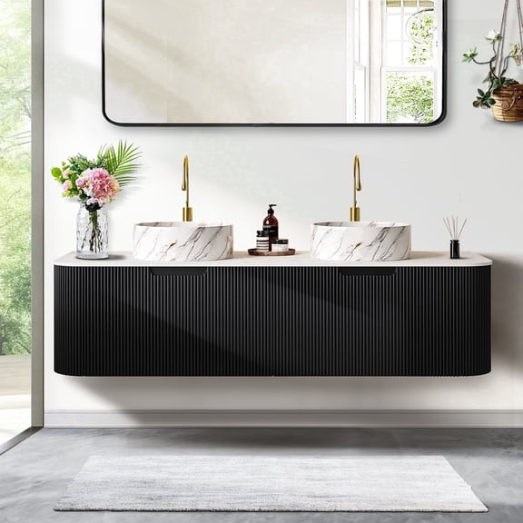 60" Curved Edges Striped Bathroom Vanity with Sink, Floating Plywood Cabinet with 2 Large Drawer, Ceramic Vessel Basin & Artificial Marble Top - Black Color Pre-assembled Vanity
