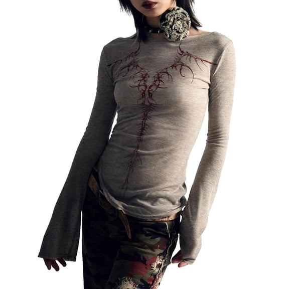 LMLYSoH Women Long Sleeve T-Shirts Fashion Print Round Neck Shirts Spring Fall Slim Fit Casual Tops Streetwear