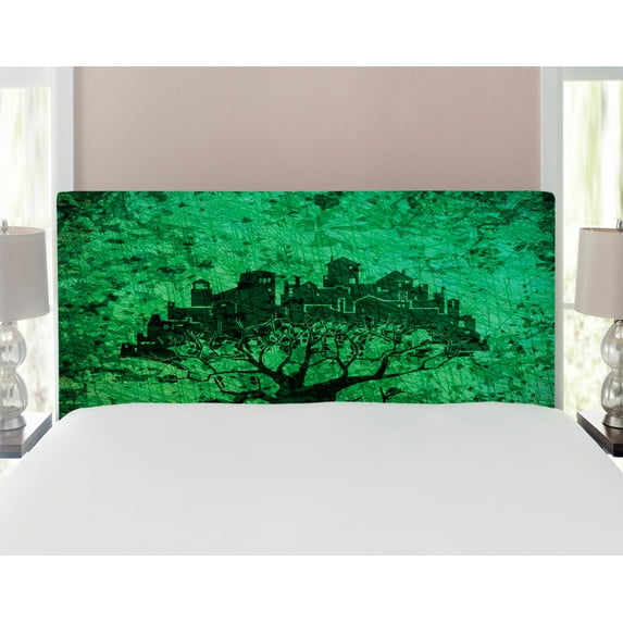 Abstract Headboard, City Composition Buildings Houses Town on Tree Branches Creative Monochromic Art, Upholstered Decorative Metal Bed Headboard with Memory Foam, Full Size, Green, by Ambesonne