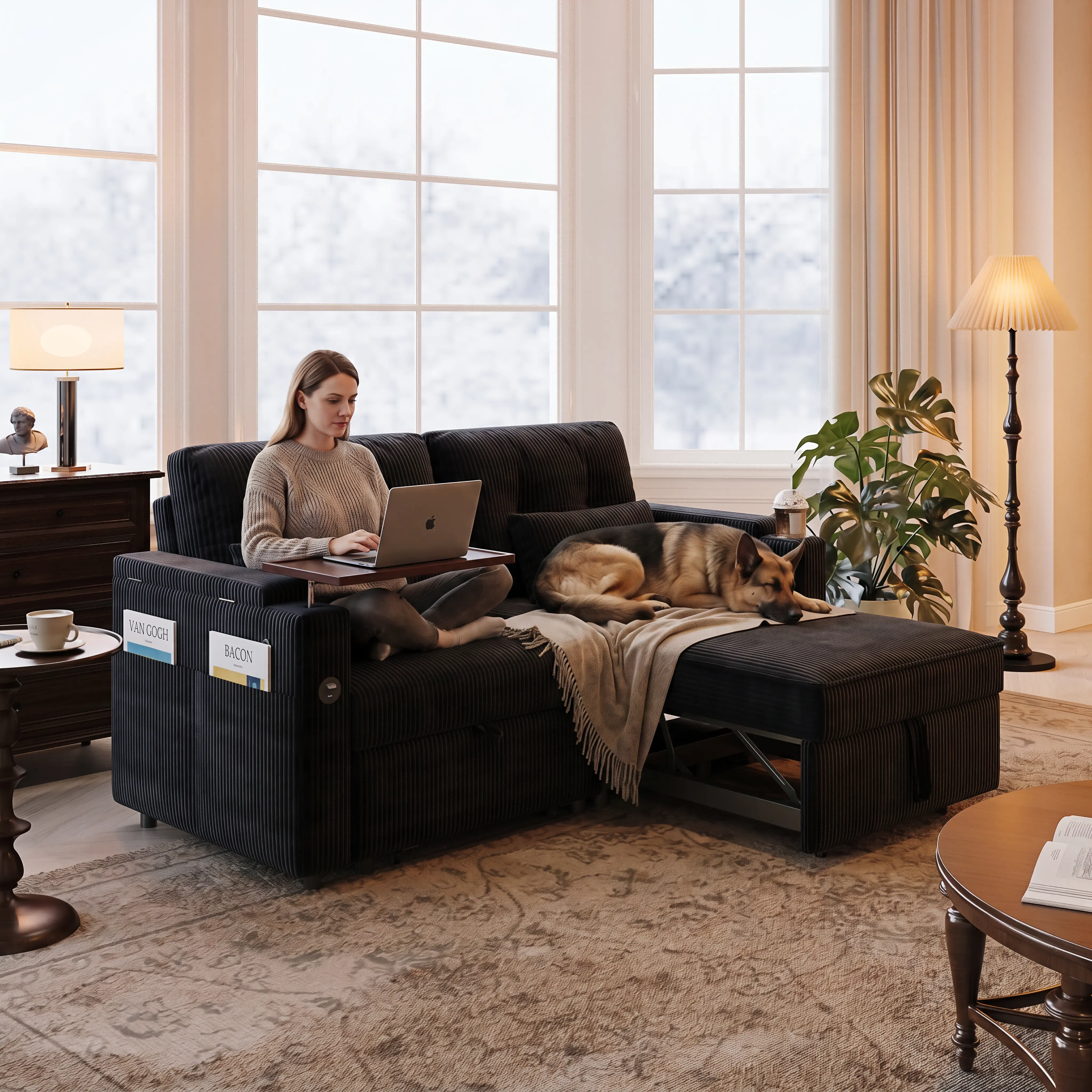 Aukfa 73" 3-in-1 Convertible Sleeper Sofa Bed, Corduroy Pull-Out Couch with 360° Swivel Side Table, USB Ports & Storage Armrests, Oversized Queen, Black