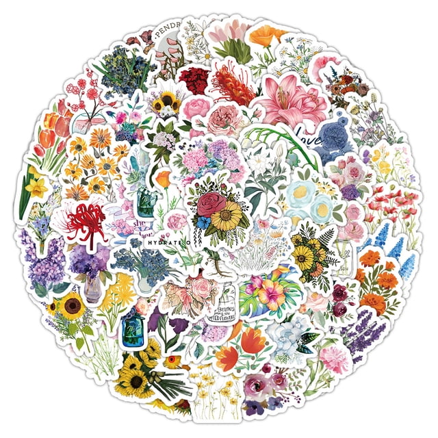 100 piezas de pegatinas de flores, pegatinas de vinilo florales impermeables, calcomanías para botellas de agua, computadora portátil, álbumes de recortes, diario