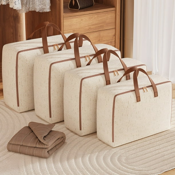 Bolsa de almacenamiento extragrande y resistente | Asas reforzadas y doble cremallera | Algodón grueso | Organizador de ropa | Impermeable, plegable y ahorra espacio | 60 x 45 x 30 cm, beige