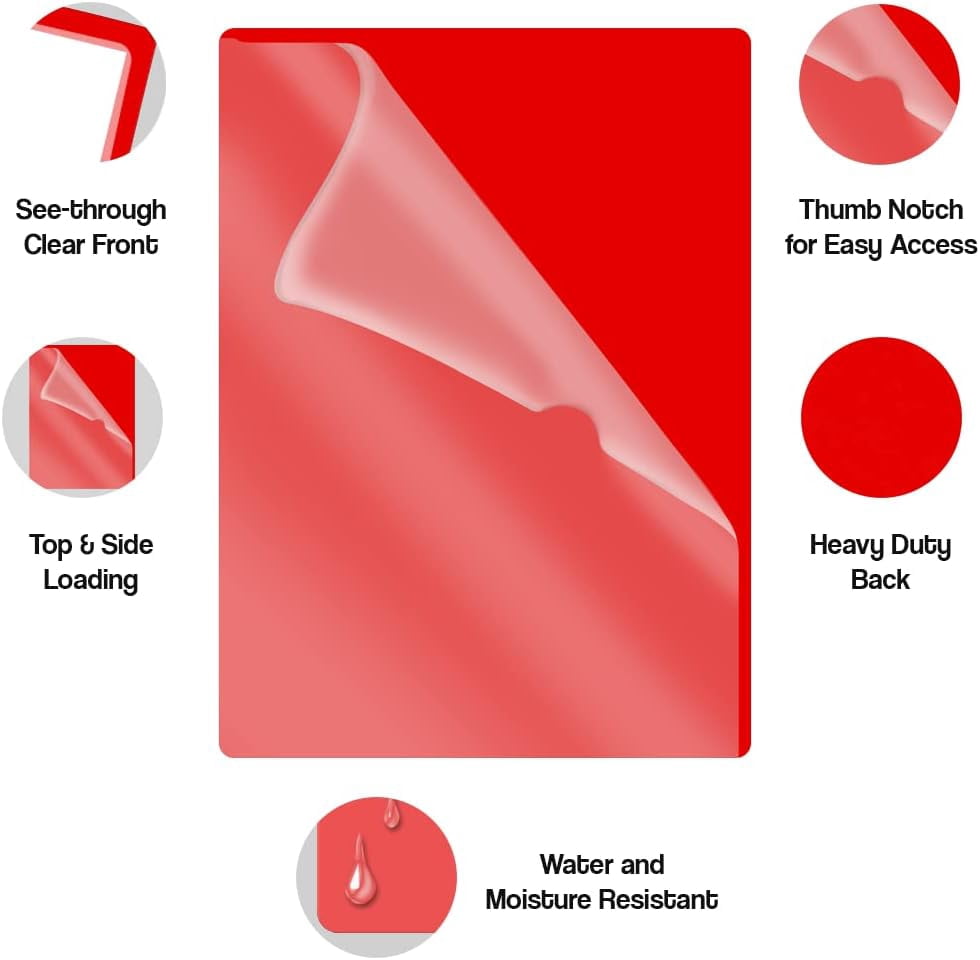 - 25 Pack Paperwork Organizer Plastic Folders, Red Project Pocket Folders with Clear Cover, Letter Size