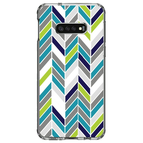 DistinctInk Clear Shockproof Hybrid Case for Samsung Galaxy S10e (5.8" Screen) - TPU Bumper, Acrylic Back, Tempered Glass Screen Protector - Teal Navy Grey Herringbone