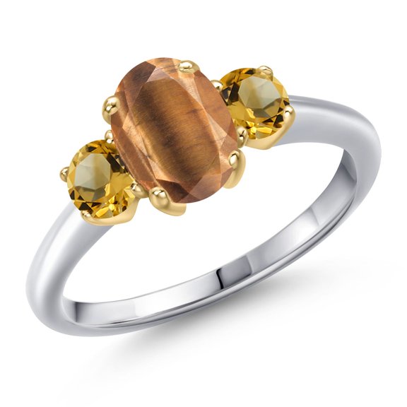Gem Stone King 10K Two Tone Gold Brown Tiger Eye and Yellow Citrine Engagement Ring for Women | 1.76 Cttw | Oval 8X6MM | Gemstone Birthstone | Size 5