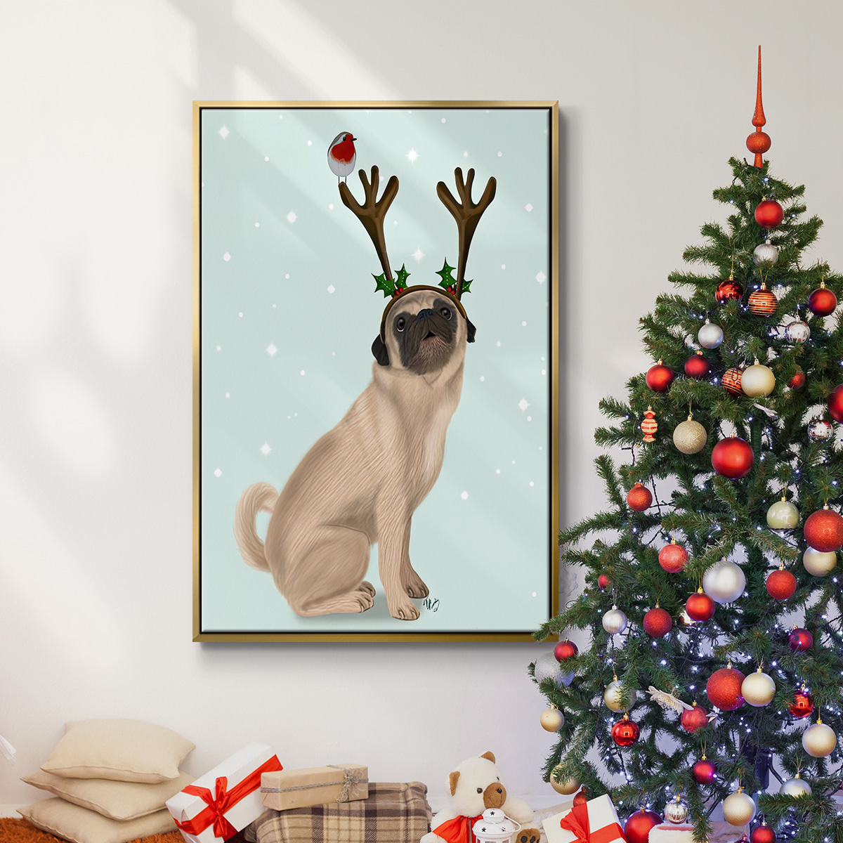 Christmas Pug with Antlers and Robin - Framed Gallery Wrapped Holiday Canvas - 17 x 25 - Gold Frame