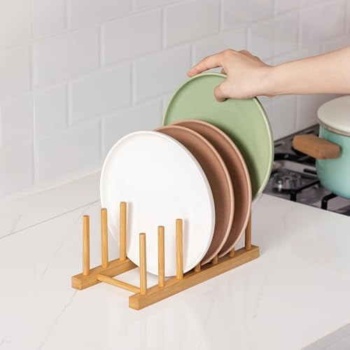 2pcs Bamboo Dish Plate Bowl Cup Book Pot Lid Cutting Board Drying Rack Stand Drainer Storage Holder Organizer Kitchen Cabinet（Keep Dry）