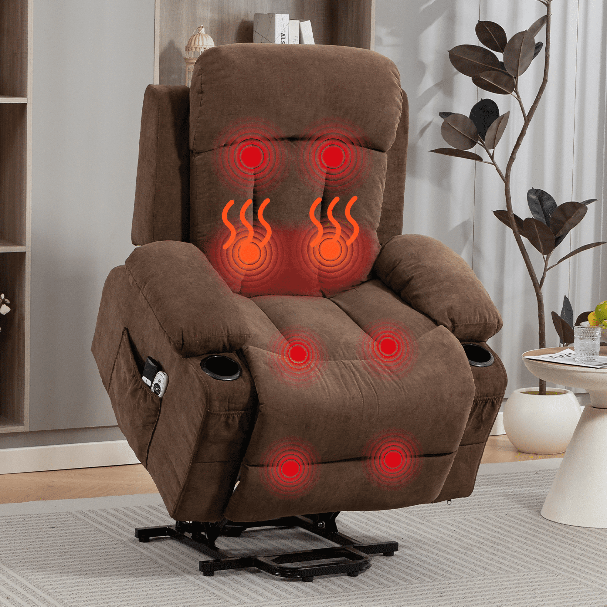 DELMANGO Power Lift Recliner Chair for Elderly, Electric Oversized Reclining Sofa with Vibration Massage & Heat, Cup Holder and USB Charging Port for Living Room, Brown