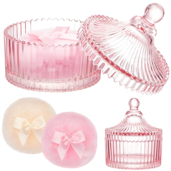 Set Powder Puff Tioncy, 3 unidades, con recipiente de cristal, color rosa