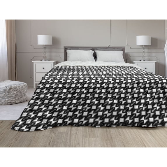 Geometric Down Alternative Comforter, Monotone Symmetric Order Pattern of Repetitive Squares and Bars, Microfiber Quilt for All Season, 5 Sizes, Charcoal Grey and White, by Ambesonne