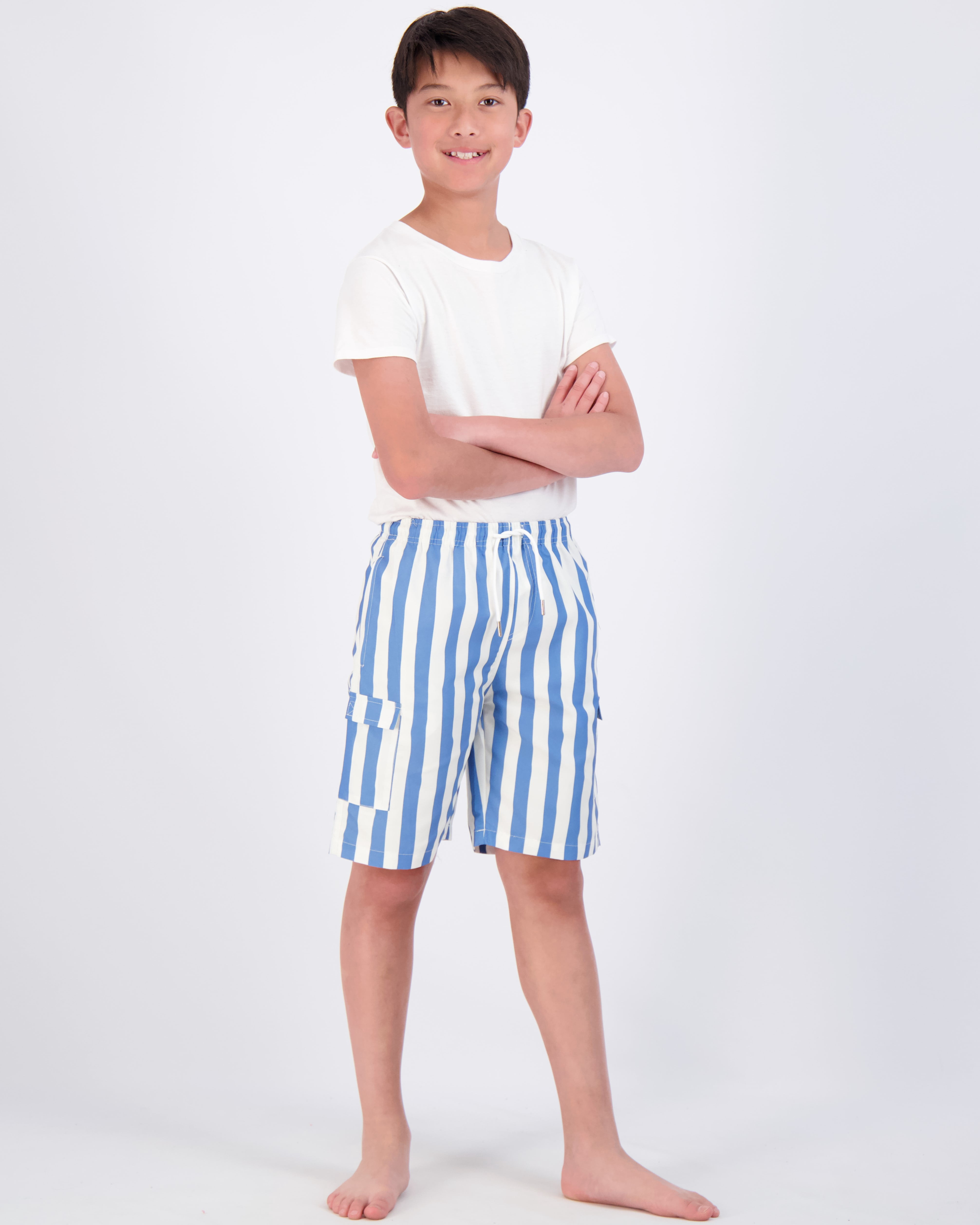 Real Essentials 3 Pack: Boy's Swim Trunks with Cargo Pockets & Mesh Lining - UPF 50+