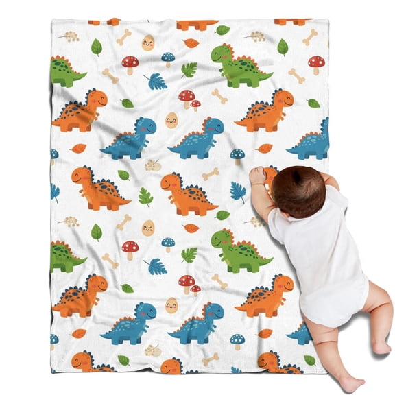 White Cartoon Dinosaurs Mushrooms Pattern Blanket,Comfortable Soft Flannel Throw Blanket,All Season,Warm Lightweight Blankets for Sofa Bed Couch Living Room Chair,30"x40"