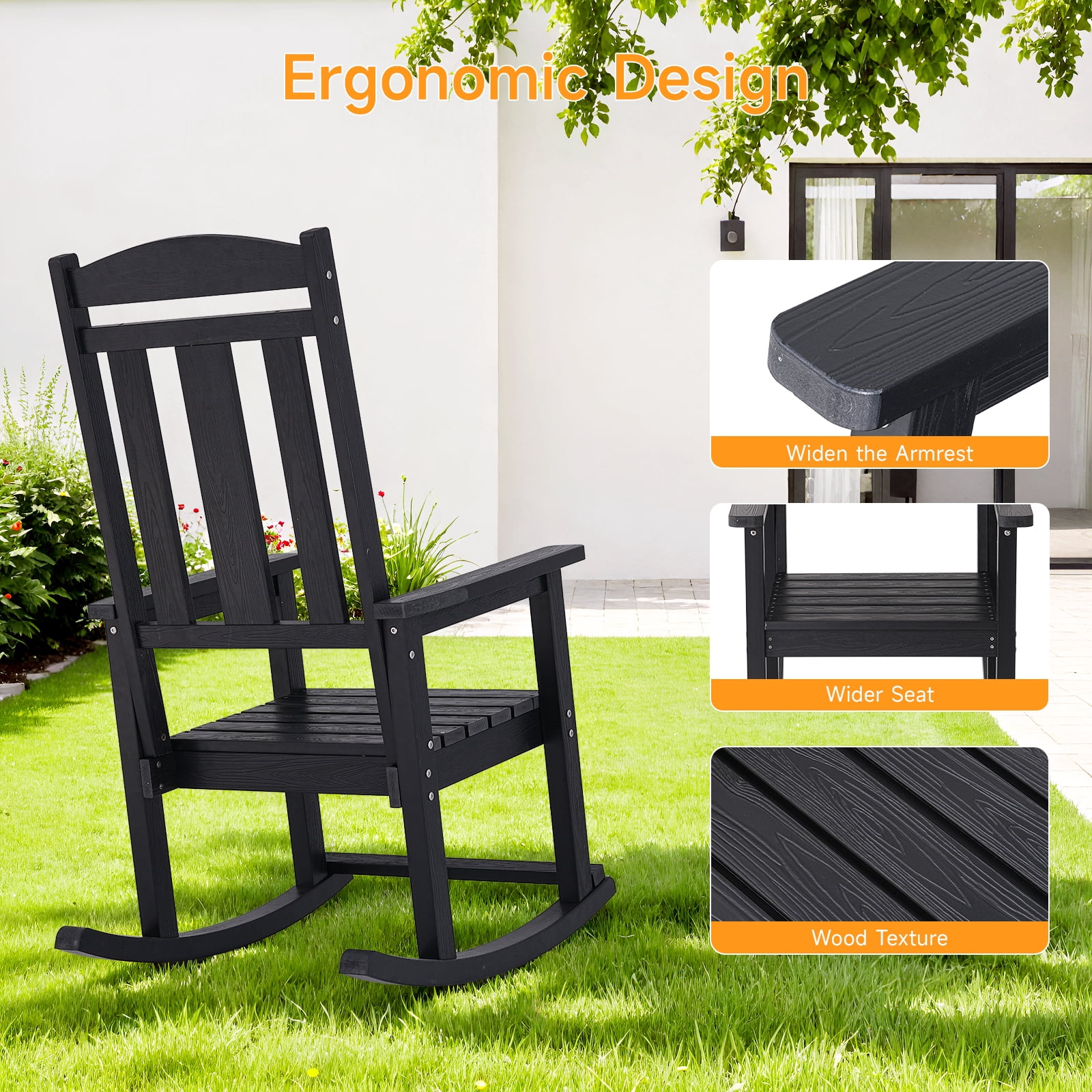 Dovov Outdoor Rocking Chair, All Weather Porch Rocker HDPS Patio Rocking Adirondack Chair for Patio Garden Lawn Balcony Porch Backyard Deck