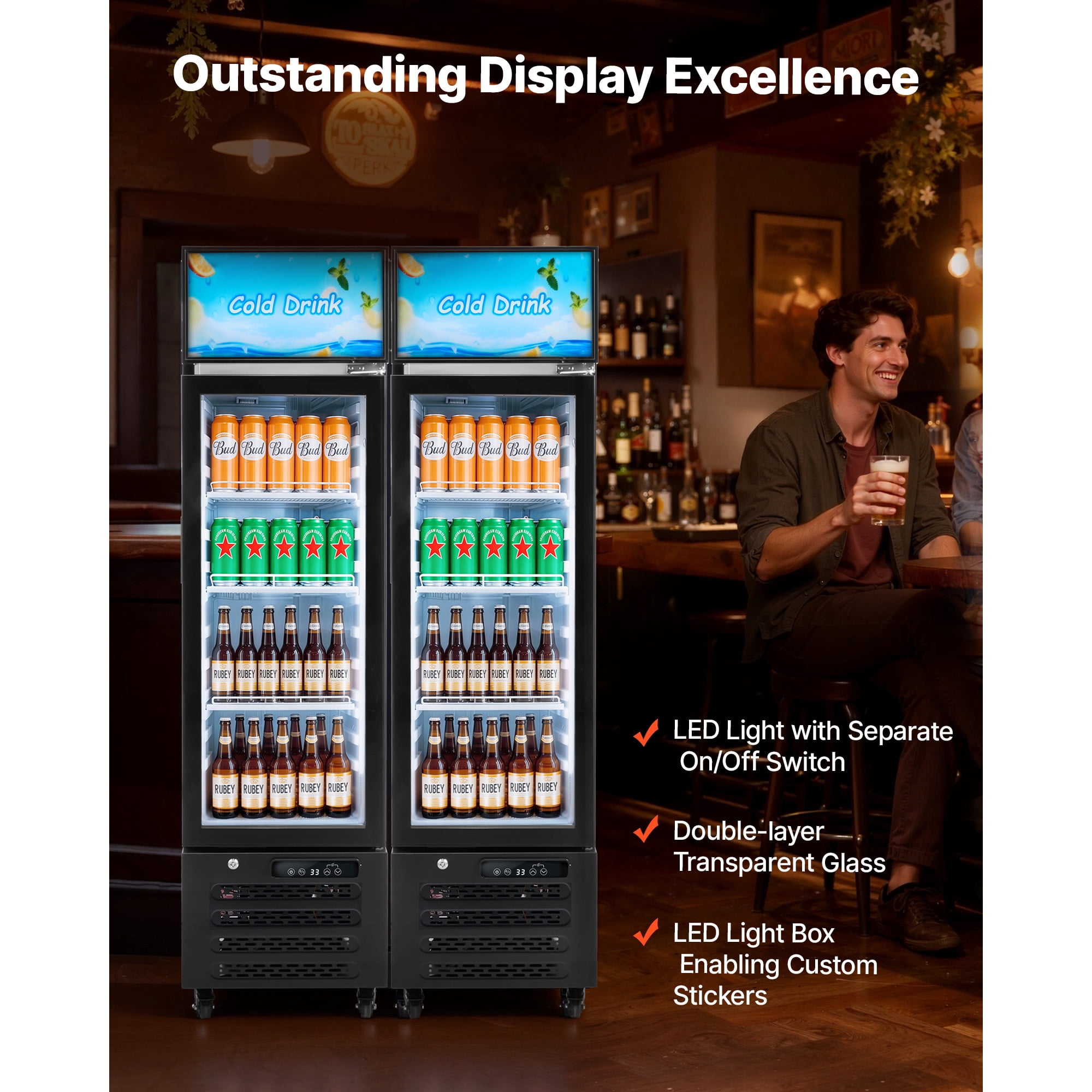 KFFKFF Commercial Glass Door Refrigerator, 6.1 Cu.Ft / 173 L Upright Beverage Cooler with Adjustable Lightbox, 3 Shelves & LED Lighting for Home or Business Use