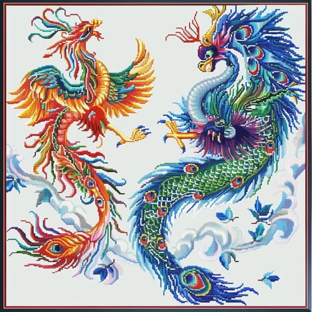 Chinese Phoenix and Dragon DIY 11CT Stamped Cross Stitch Kits for Beginners Easy Needlepoint Embroidery Counted Cross Stitch Art Craft for Wall Decoration 20x20inch(1)