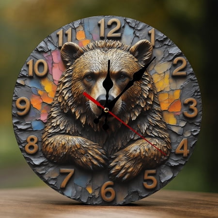 Wall Clock Decorative - Rustic Brown Bear Print 2D Vintage Wall Clocks Battery Operated Silent Non-Ticking for Bedroom, Living Room, Kitchen, Office, Classroom, 10 Inch