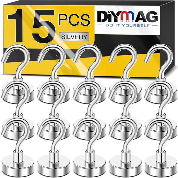 DIYMAG 15 Pack Magnetic Hooks, 30Lbs Heavy Duty Cruise Magnet Hooks for Classroom, Fridge, Hanging, Cabins, Grill, Kitchen, Garage, Workplace and Office (Silver)