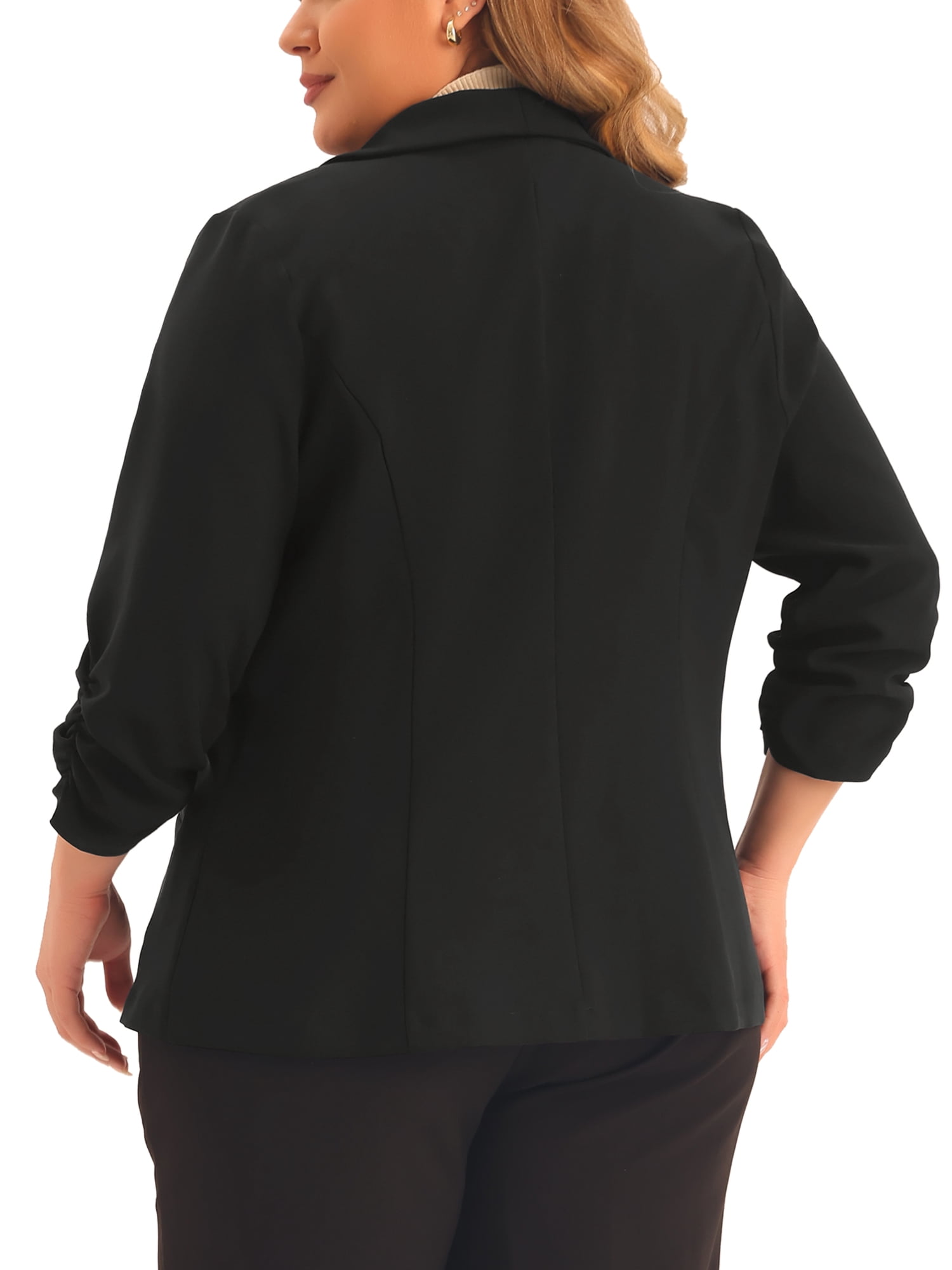 DARING DIVA Women's Plus Blazer 3/4 Ruched Sleeve Open Front Jacket 2X Black