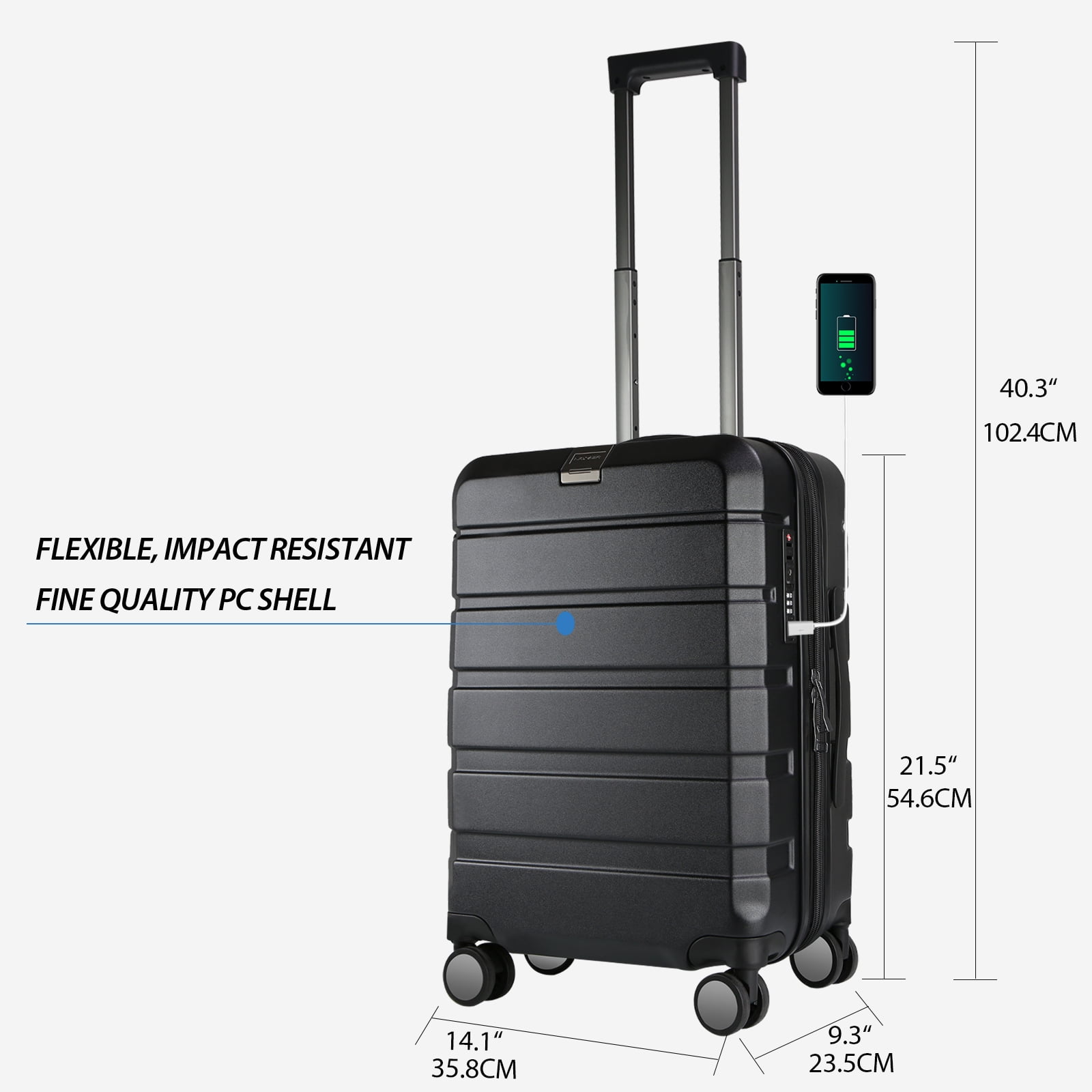 KROSER 20 Inch Hard Side Carry-On Luggage with TSA Lock & USB Port, Black