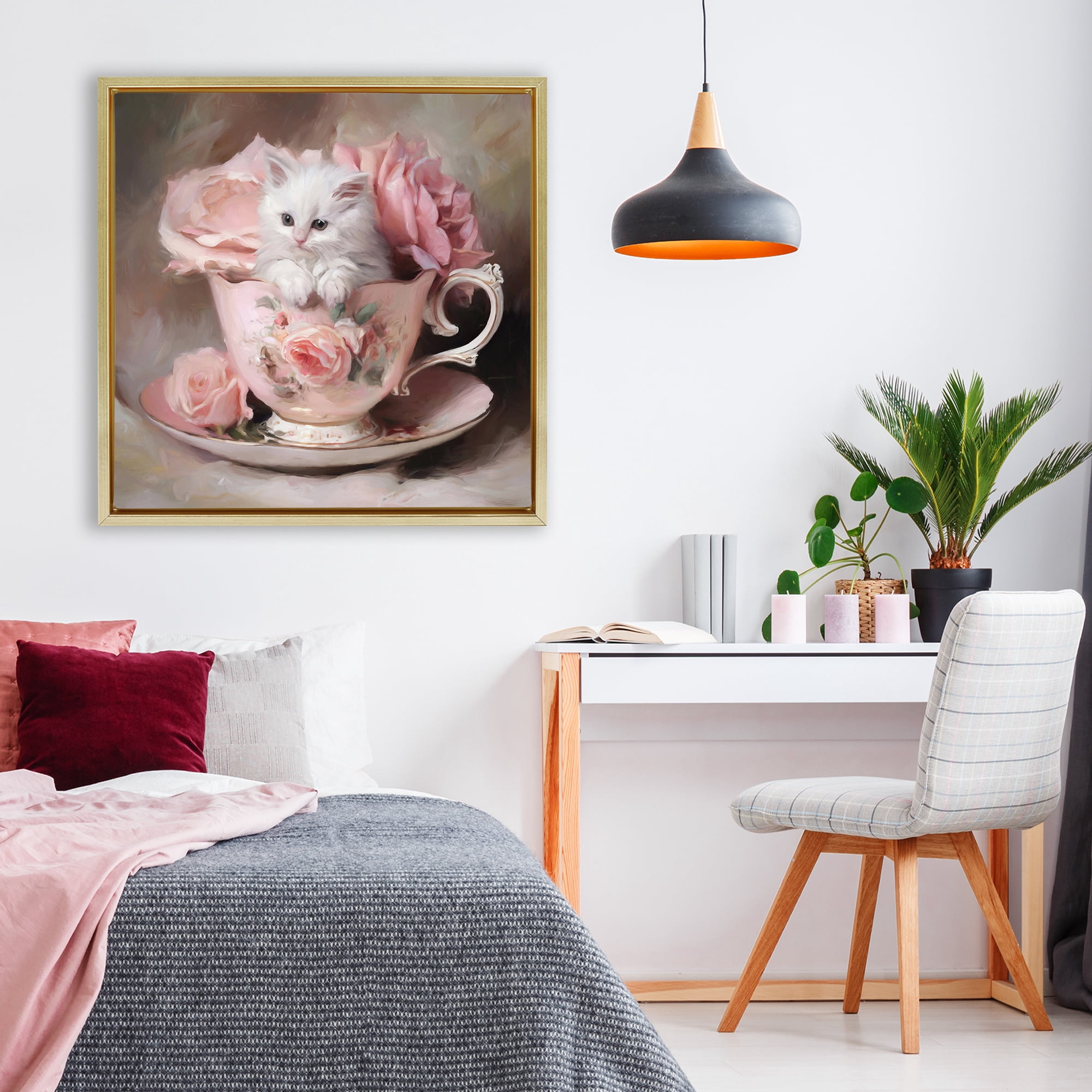 Stupell Industries Little Teacup Kitten Gold Framed Floater Canvas Wall Art, design by Tina LeCour