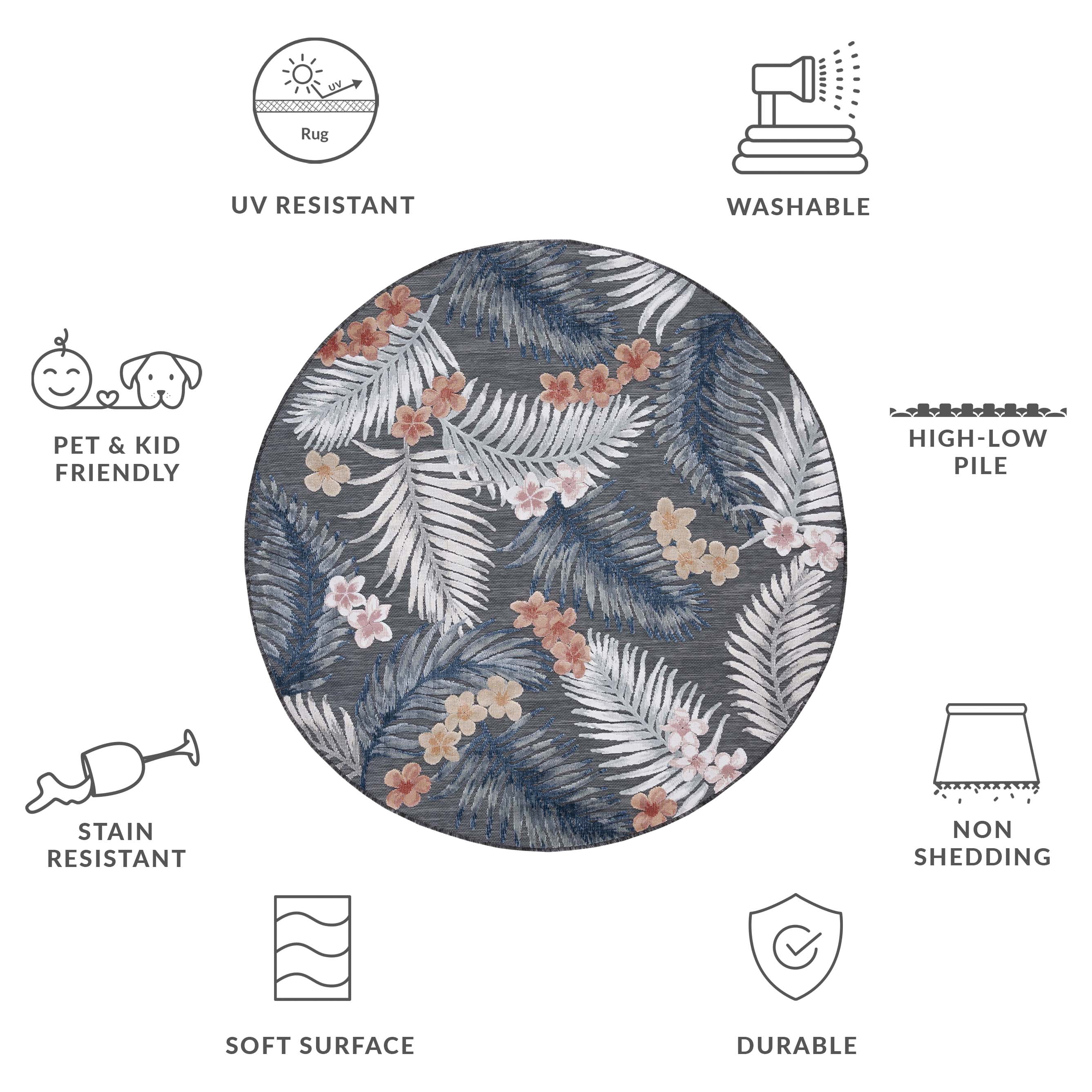 SAFAVIEH Cabana Kade Botanical Indoor/Outdoor Area Rug, Black/Rust, 6'5" x 6'5" Round