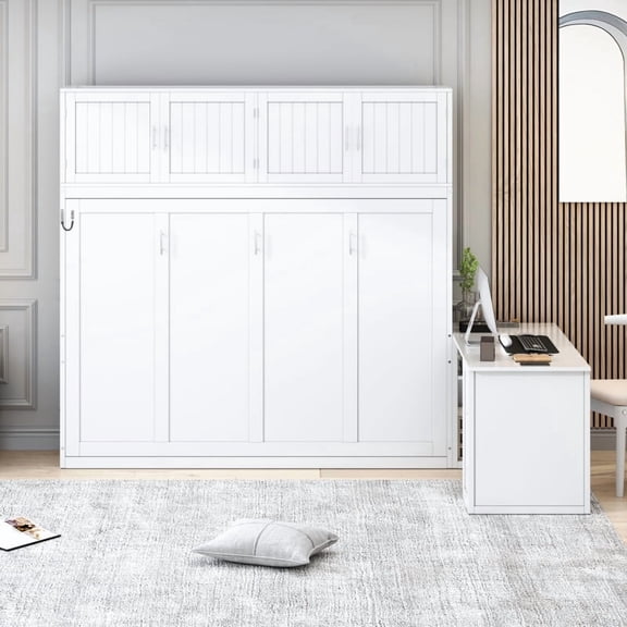 Queen Size Wall Murphy Bed with Desk and Storage Shelves and Big Cabinets, White
