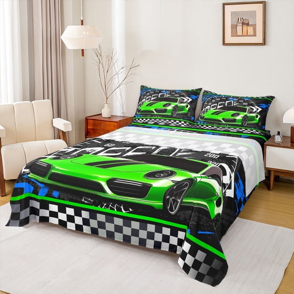 jejeloiu Speed Sport Car Twin Sheet Sets,Extreme Racing Game Twin Fitted Sheet,Black White Green Flat Sheet For Kids,Microfiber Bedroom Decor,3-Piece