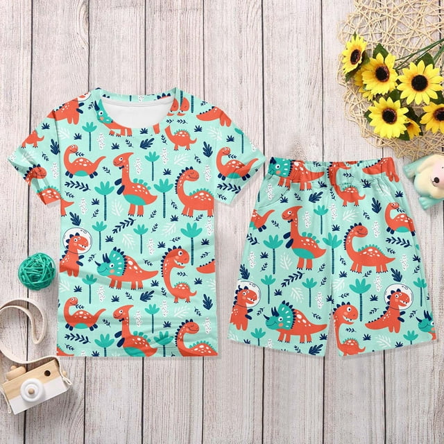 Vêtements d'Été pour Garçon, Ensemble T-Shirt Dinosaure à Col Rond et Short, Pyjama Garçon 4T
