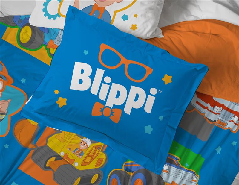 Moonbug Blippi How Does This Work Blue 7 Piece Full Bed Set with Sham, 100% Microfiber