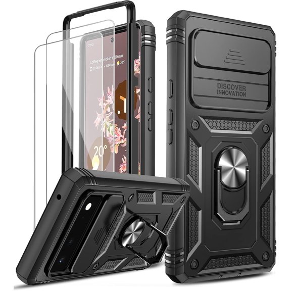 for Google Pixel 6 Case: Phone Case for Pixel 6 with Slide Camera Cover   [2 Packs] Tempered Glass Screen Protector, Full Body Military-Grade Heavy Duty Shockproof Ring Holder Stand Case: Black