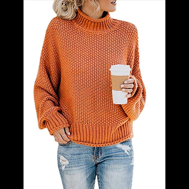 Suéter de Larga con Cuello Alto y Mangas Abullonadas para Mujer, de Color Liso, para Invierno y Otoño Naranja Rojo L