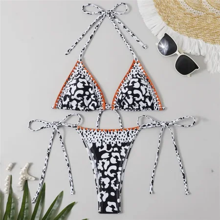 Leopar Print Triangle Halter Micro Thong Bikinis Set Sexy Mini Swimsuits Women Swimwear Lace-up Bathing Suit Bikini Mujer