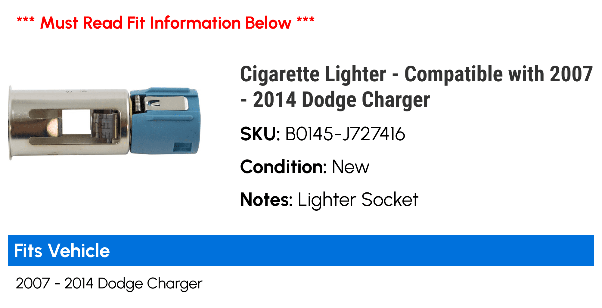 Cigarette Lighter - Compatible with 2007 - 2014 Dodge Charger 2008 2009  2010 2011 2012 2013