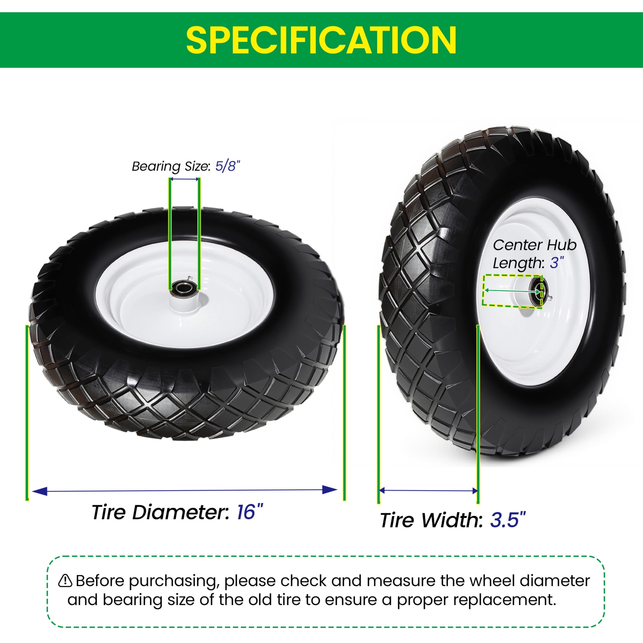Noble House 16" x 3.5" Flat-Free Solid Wheelbarrow Tires & Wheels with 3" Center Hub for Garden Cart, Black & White