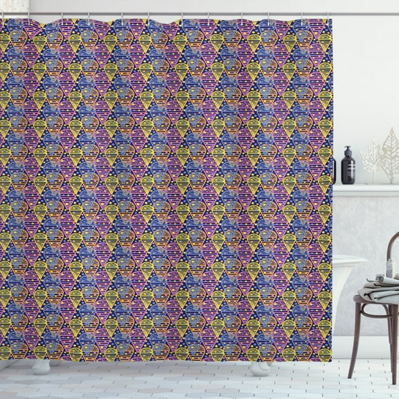 Geometric Shower Curtain, Memphis Style Eighties Inspirations in Dotted Background with Ice Cream Motifs, Fabric Bathroom Set with Hooks, 69W X 84L Inches Extra Long, Multicolor, by Ambesonne
