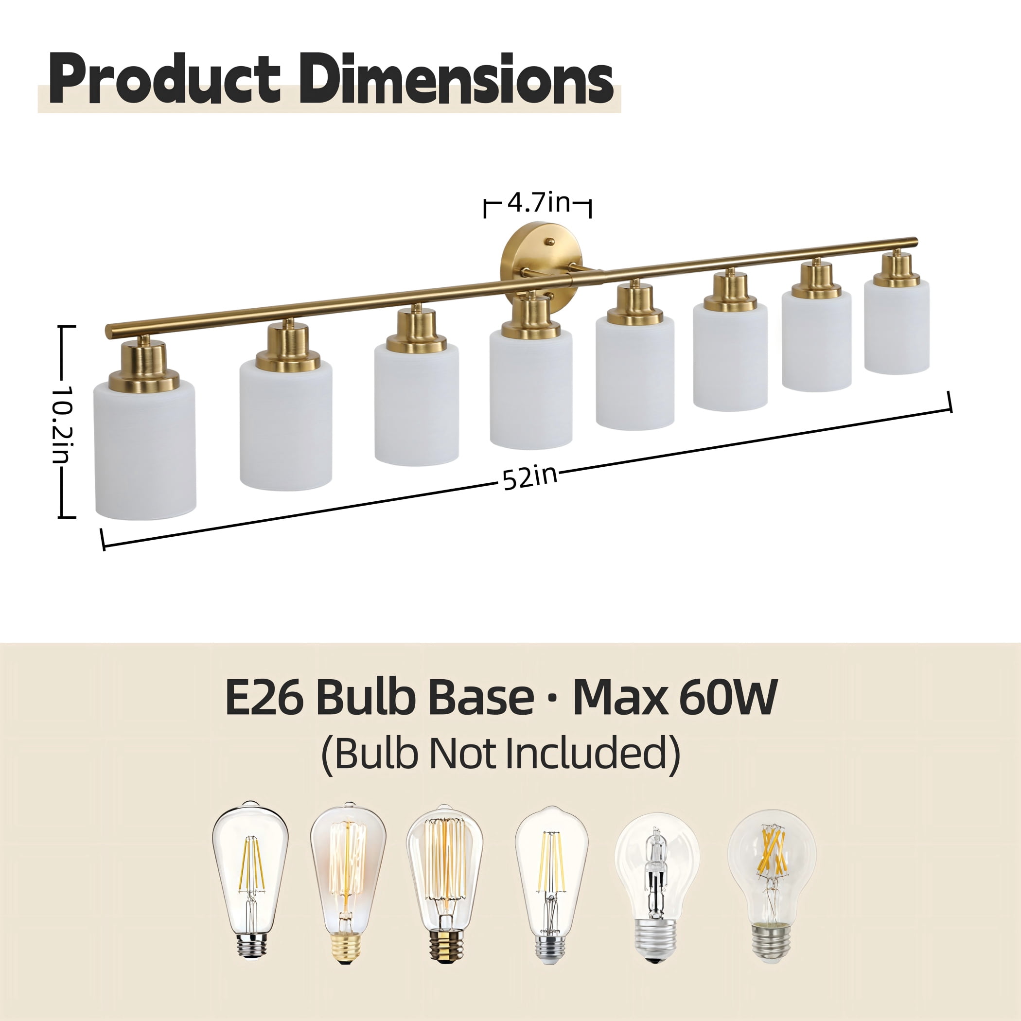 52" Modern 8-Light Vanity Wall Sconce,Gold Bathroom Vanity Light Fixture Over Mirror, Frosted Glass Vanity Lights for Bathroom, Hallway, Powder Room, Bathroom Lights Over Mirror (Bulbs Not Included)