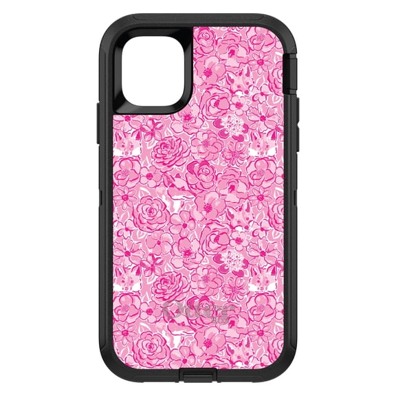 DistinctInk OtterBox Defender Custom Case for Apple iPhone 15 (6.1" Screen) - Pink & White Flowers Floral - Lightweight Grip