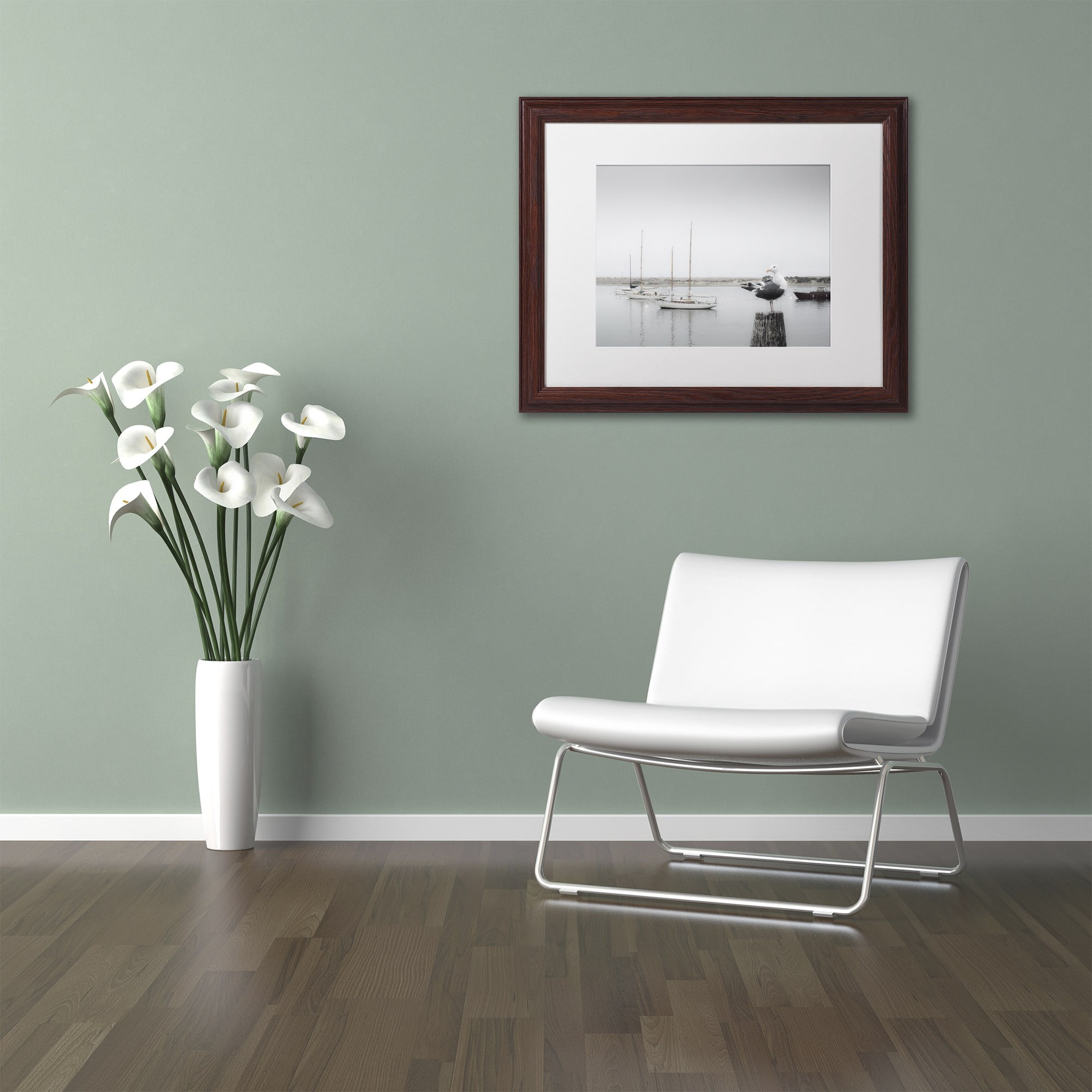 Trademark Fine Art "Four Boats and Seagull" Canvas Art by Moises Levy White Matte, Wood Frame