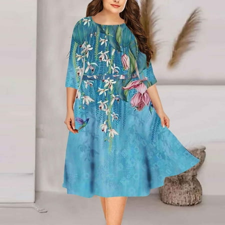 

Leesechin Womens Dresses Clearance Temperament Printed Long Sleeves Crew Neck Large Size Dress